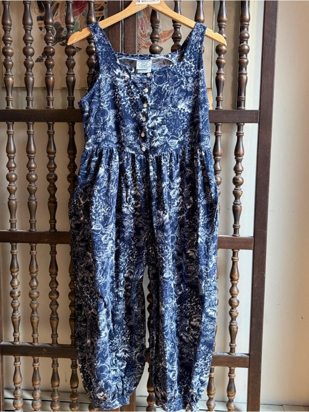 LAURA ASHLEY Vintage 80s Dark Blue Floral Cotton Jumpsuit Romper Suit Medium